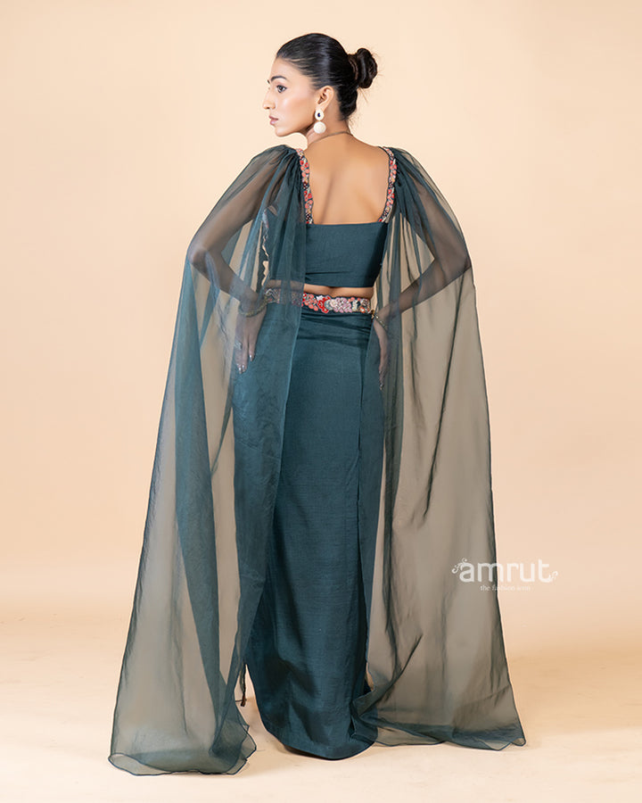 Green Draped Skirt with Embellished Crop Top and Attached Sleeves(04)