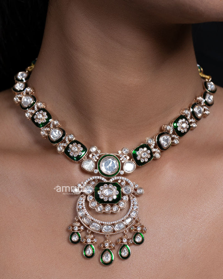 Green Enamel Kundan Necklace with Layered Pendant Detailing 01