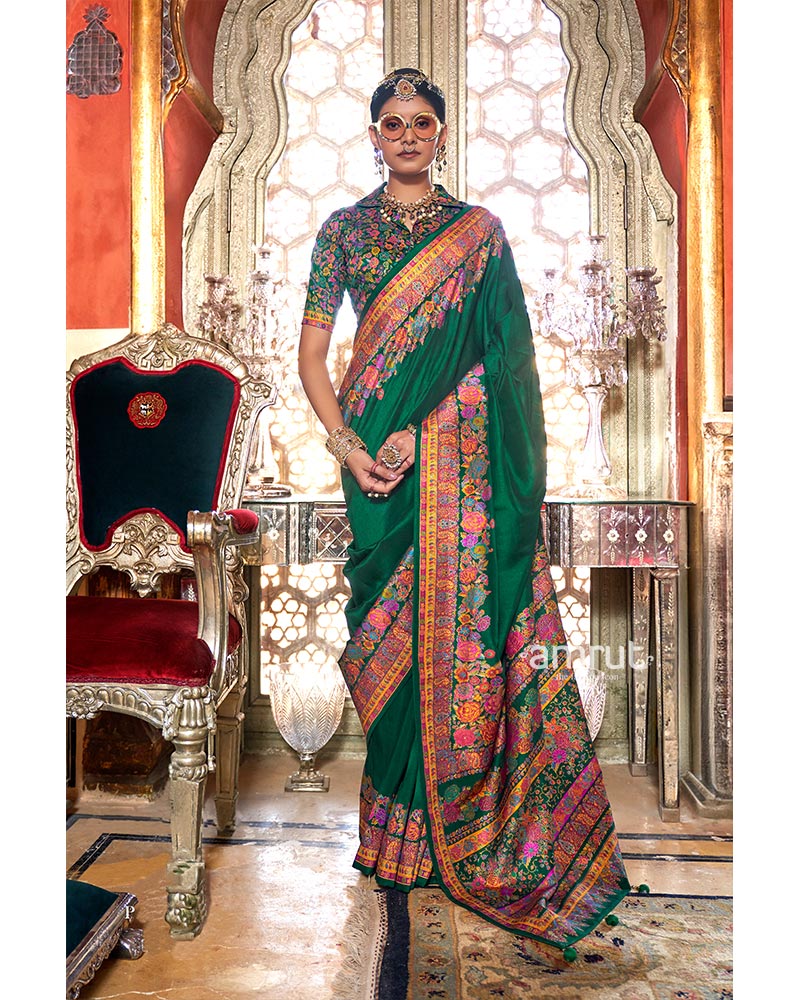 Green Floral Print Embroidered Border Embellished Pashmina Silk Saree with Unstitched Blouse 01
