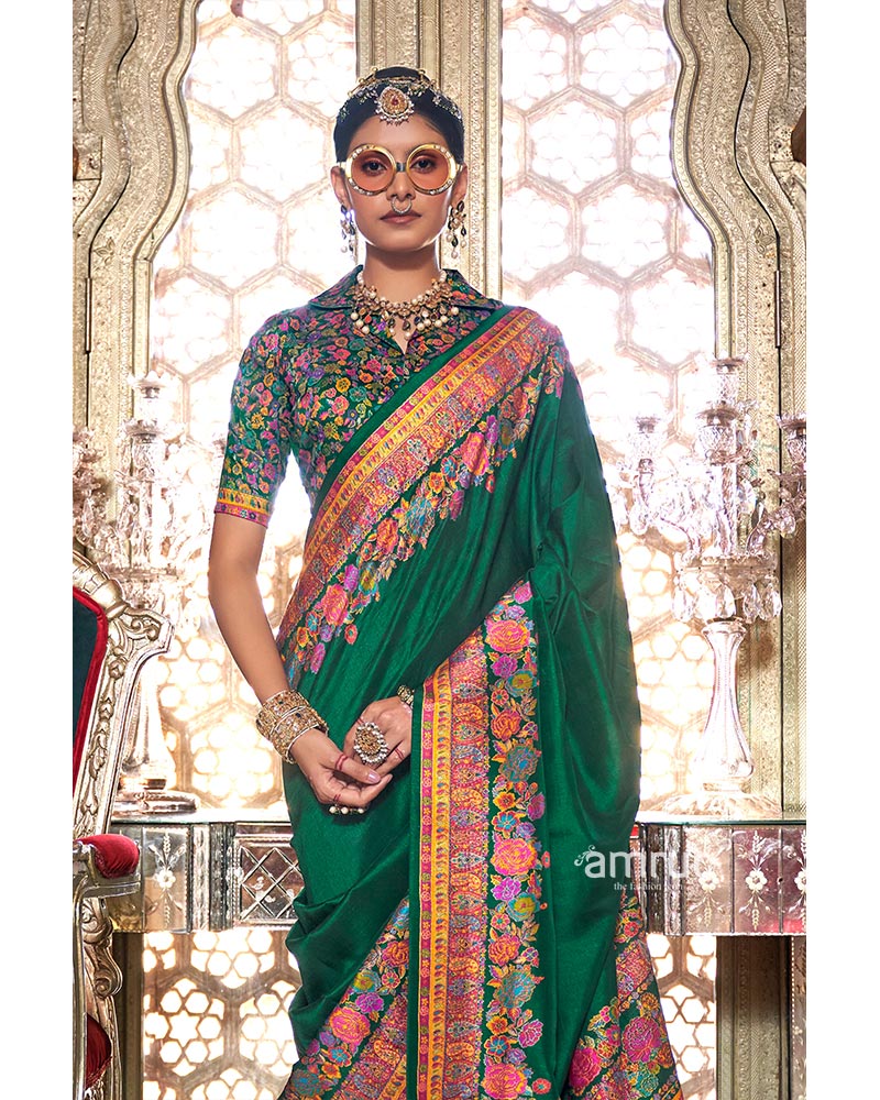 Green Floral Print Embroidered Border Embellished Pashmina Silk Saree with Unstitched Blouse 02