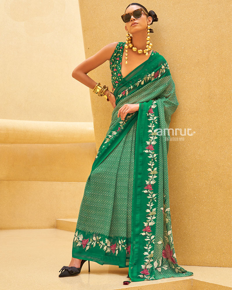 Green Floral Print Saree with Intricate Weaving and Unstitched Blouse 01