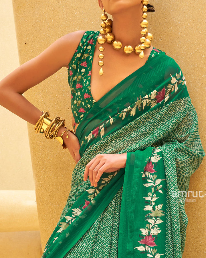 Green Floral Print Saree with Intricate Weaving and Unstitched Blouse 03