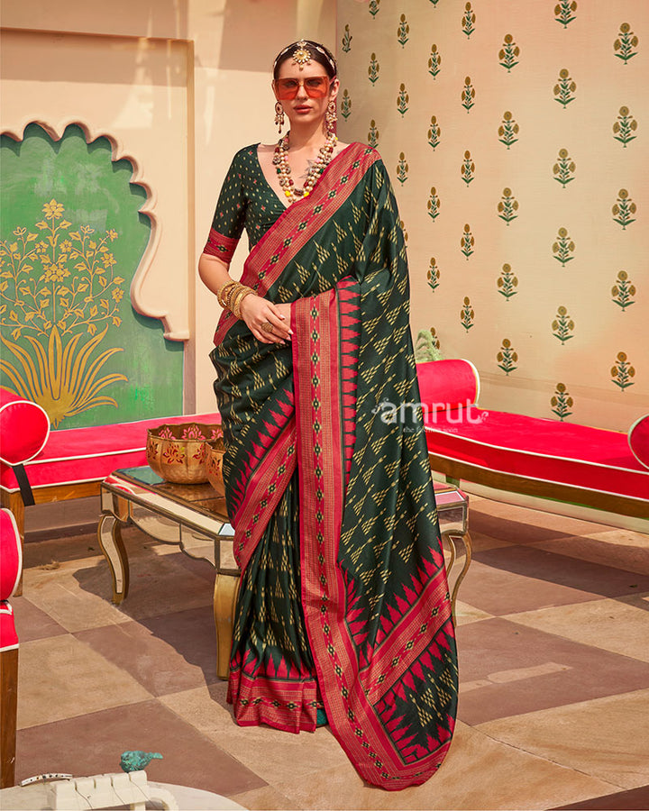 Green Ikat Printed  Saree with Contrast Red Border and Unstitched Blouse 01