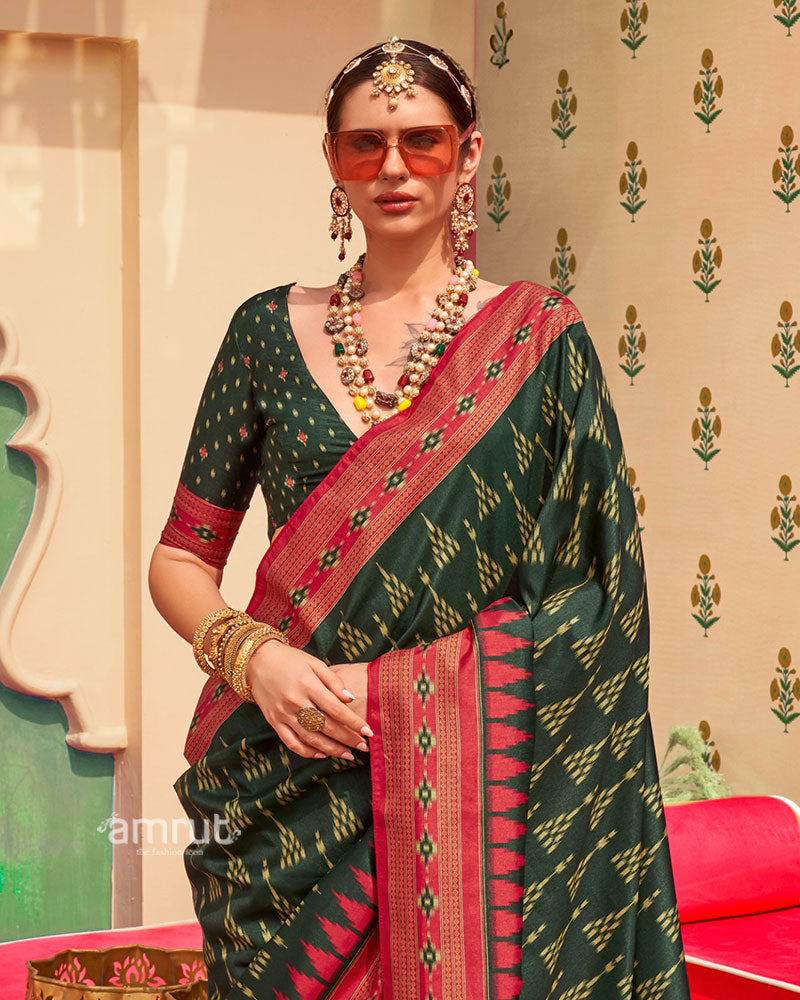Green Ikat Printed  Saree with Contrast Red Border and Unstitched Blouse 02