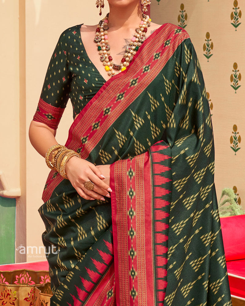 Green Ikat Printed  Saree with Contrast Red Border and Unstitched Blouse 03