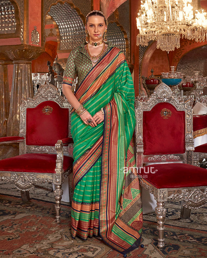 Green Kanjivaram Silk Saree with Unstitched Blouse 01