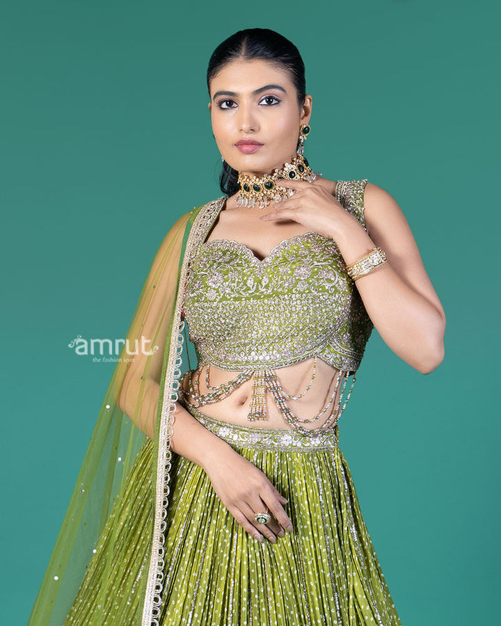 Green Lehenga Choli Inflated with Sequins Work and Dupatta 02