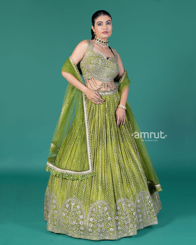 Green Lehenga Choli Inflated with Sequins Work and Dupatta 04