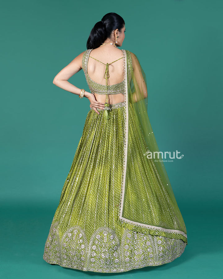 Green Lehenga Choli Inflated with Sequins Work and Dupatta 05