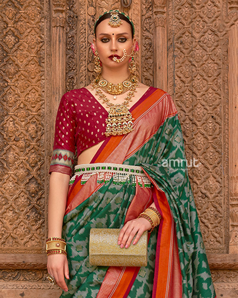 Green Patola Silk Saree with Foil Print & Red-Orange Border with Unstitched Blouse 02