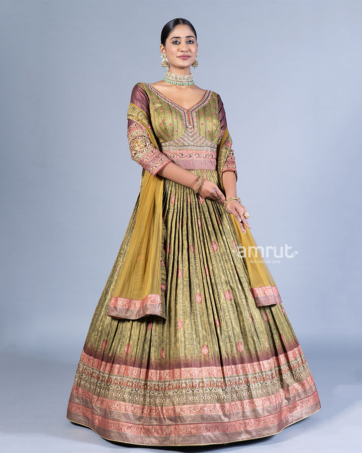 Green Pleated Gown with Embroidered Bodice and Mustard Yellow Dupatta 01