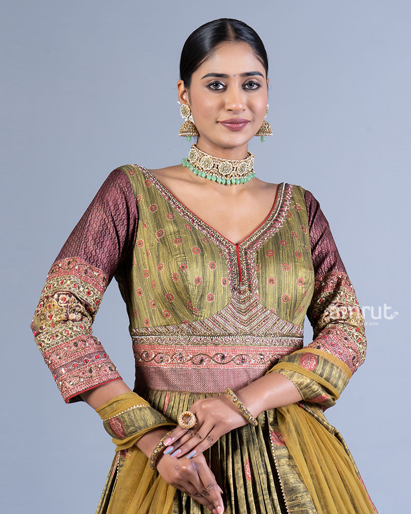 Green Pleated Gown with Embroidered Bodice and Mustard Yellow Dupatta 02