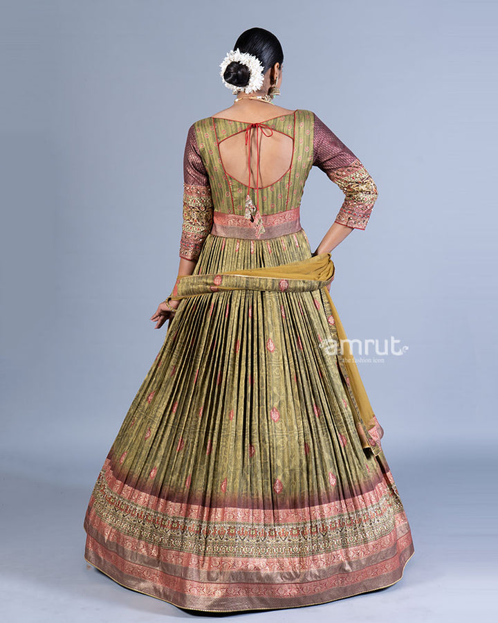 Green Pleated Gown with Embroidered Bodice and Mustard Yellow Dupatta 03