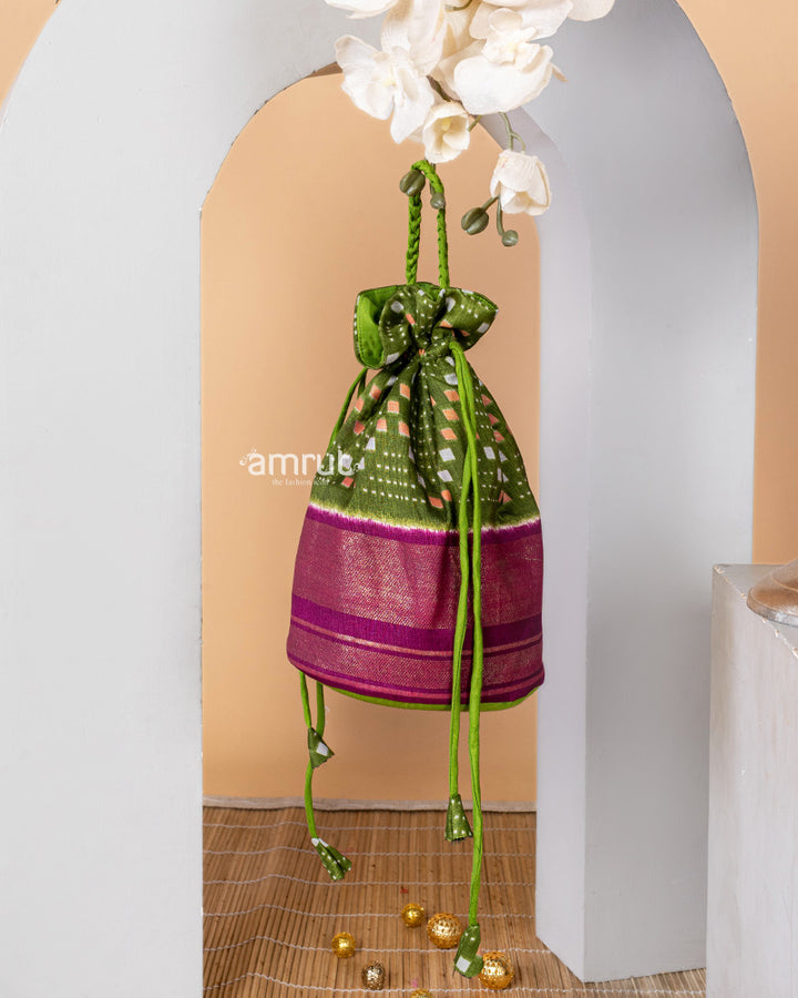 Green Potli Bag for Women In Cotton Silk