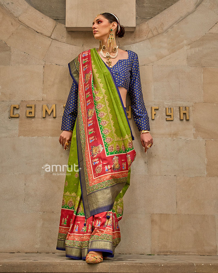 Green Silk Saree with Red Zari Border and Unstitched Blouse 01