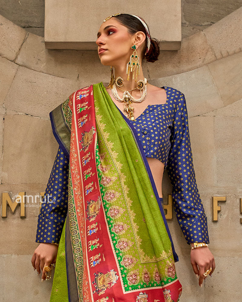 Green Silk Saree with Red Zari Border and Unstitched Blouse 02