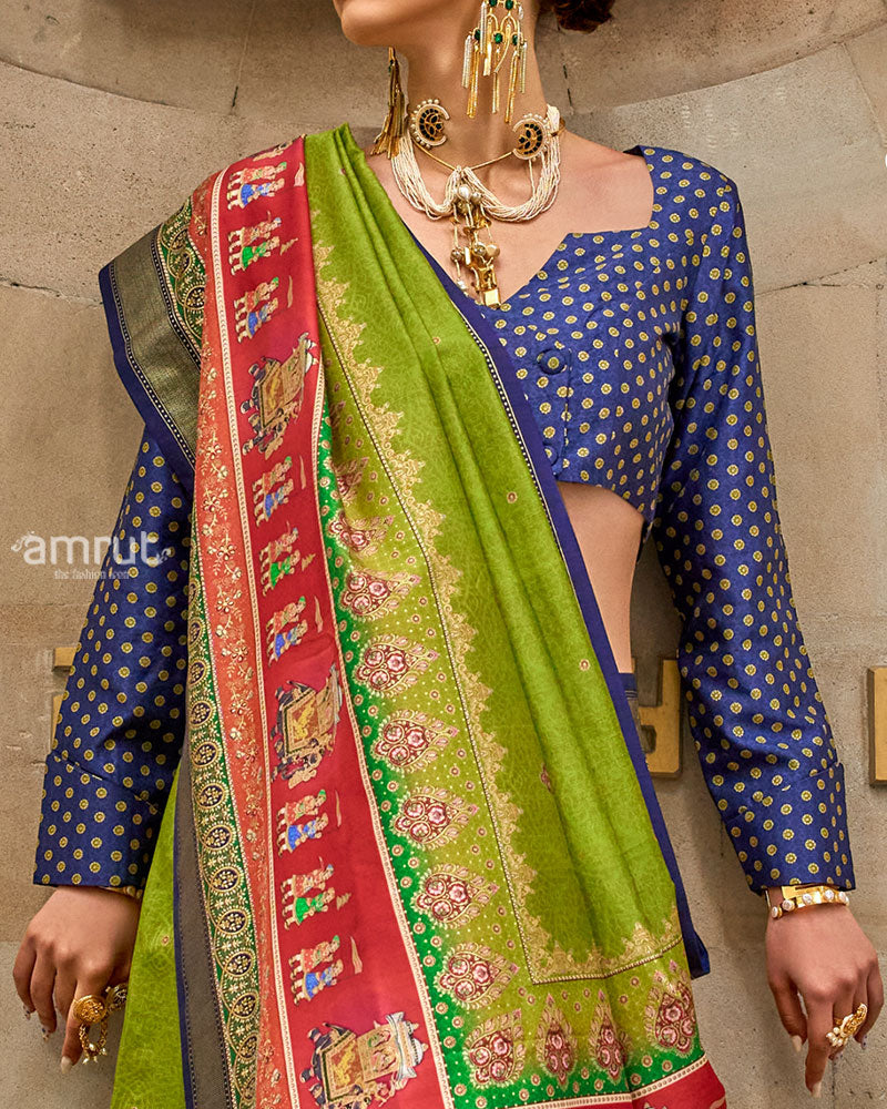 Green Silk Saree with Red Zari Border and Unstitched Blouse 03