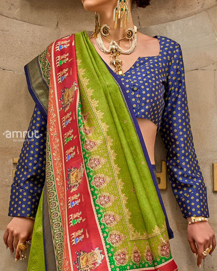 Green Silk Saree with Red Zari Border and Unstitched Blouse 03