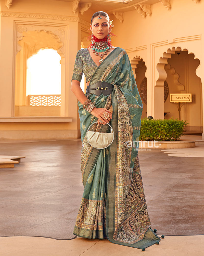 Green Zari Embellished Border Printed Silk Saree with Unstitched Blouse 01
