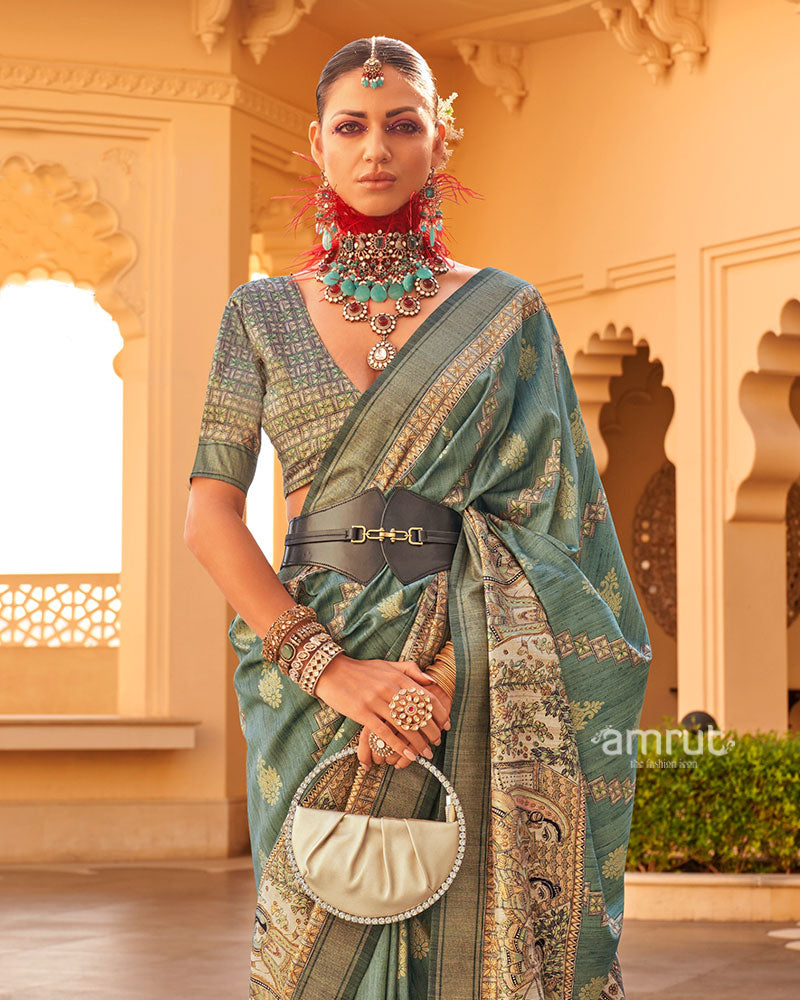 Green Zari Embellished Border Printed Silk Saree with Unstitched Blouse 02