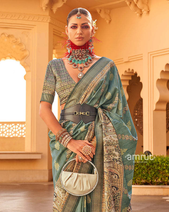 Green Zari Embellished Border Printed Silk Saree with Unstitched Blouse 02