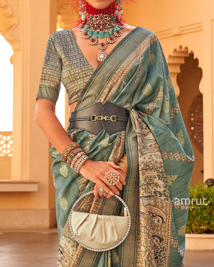 Green Zari Embellished Border Printed Silk Saree with Unstitched Blouse 03