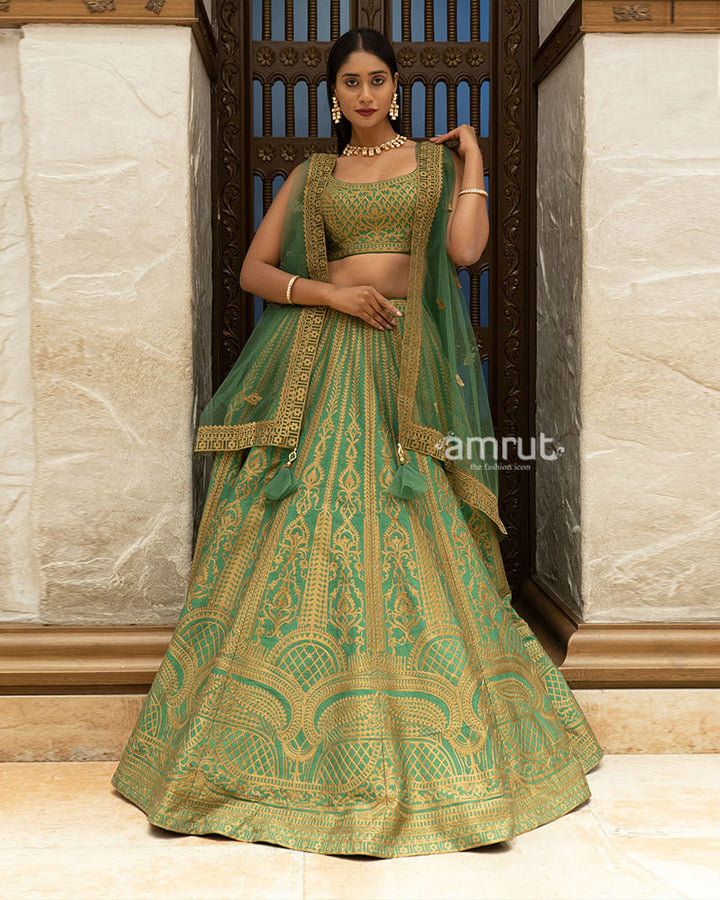 Green Zari Woven Lehenga Set With Net Dupatta 01