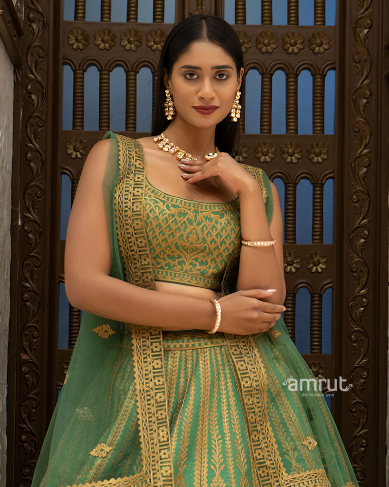 Green Zari Woven Lehenga Set With Net Dupatta 02