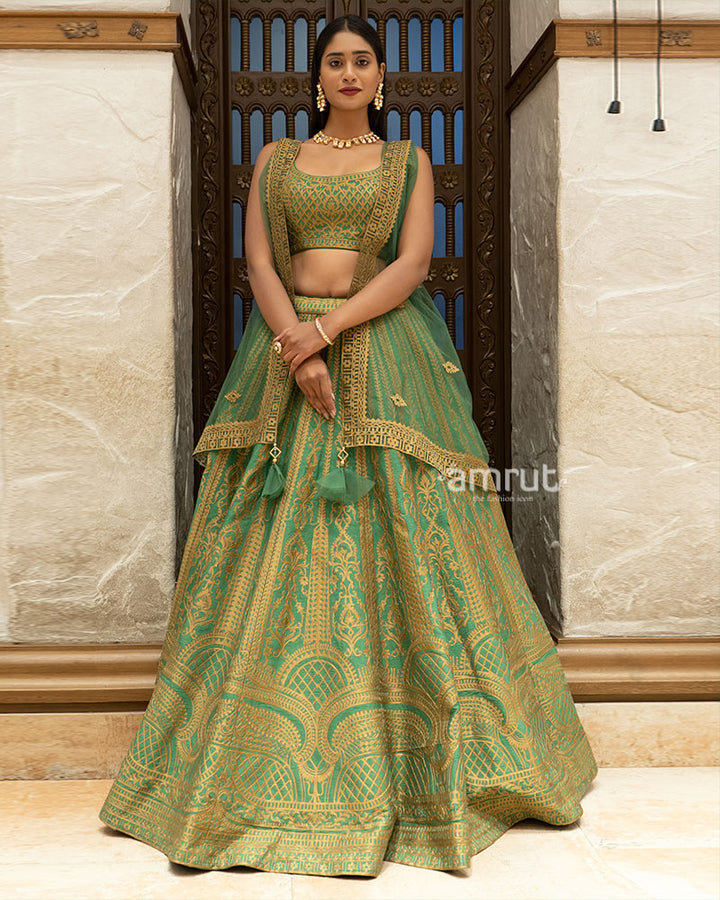 Green Zari Woven Lehenga Set With Net Dupatta 04