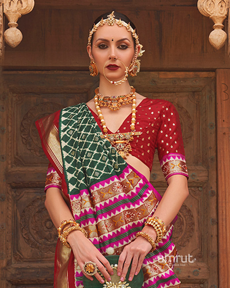 Green Zari Woven Patola Silk Saree with Unstitched Blouse 02