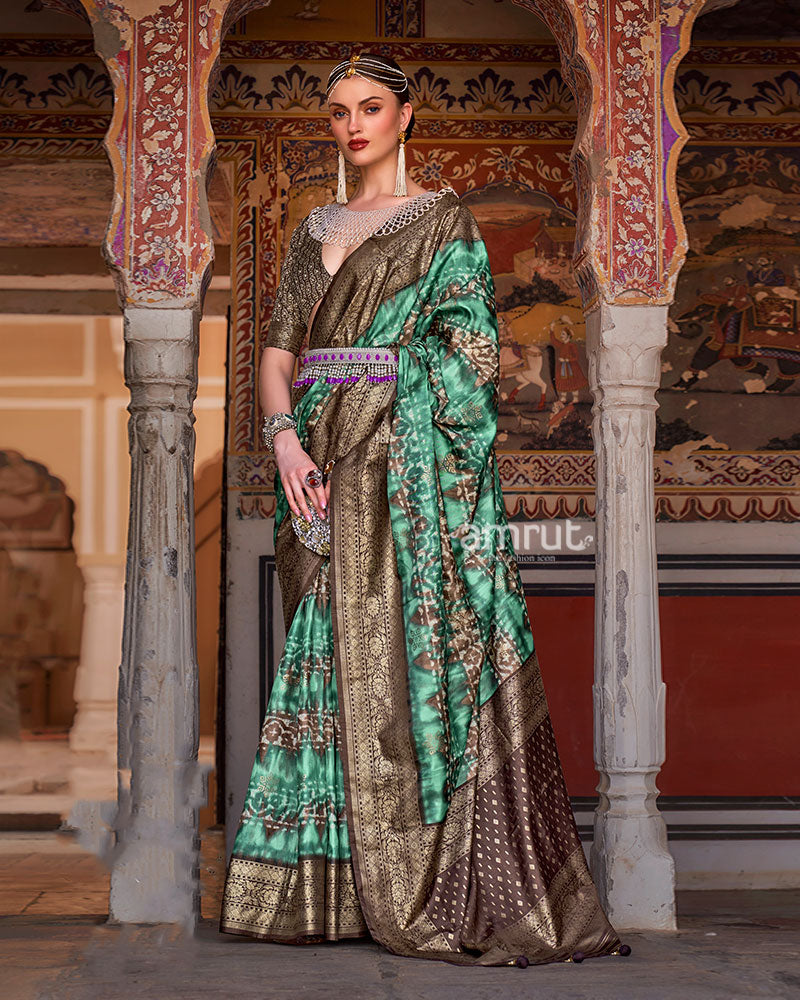 Green and Brown Floral Printed Patola Saree with Zari Woven Border and Unstitched Blouse 01