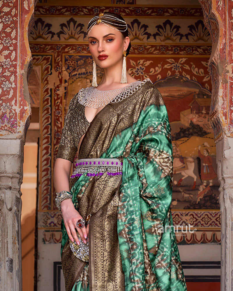 Green and Brown Floral Printed Patola Saree with Zari Woven Border and Unstitched Blouse 02