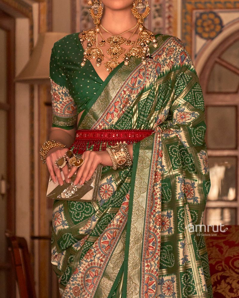Green and Cream Bandhani Saree with Unstitched Blouse and Belt