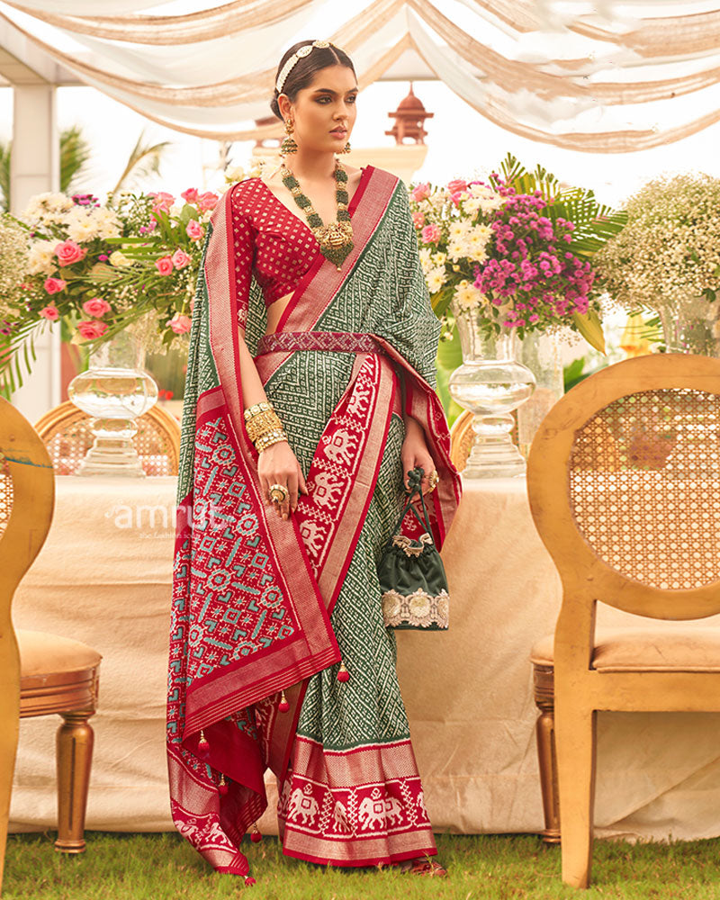 Green and Maroon Zari Border Patola Silk Saree with Unstitched Blouse 01