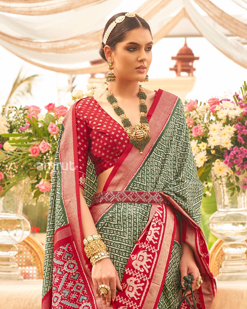 Green and Maroon Zari Border Patola Silk Saree with Unstitched Blouse 02