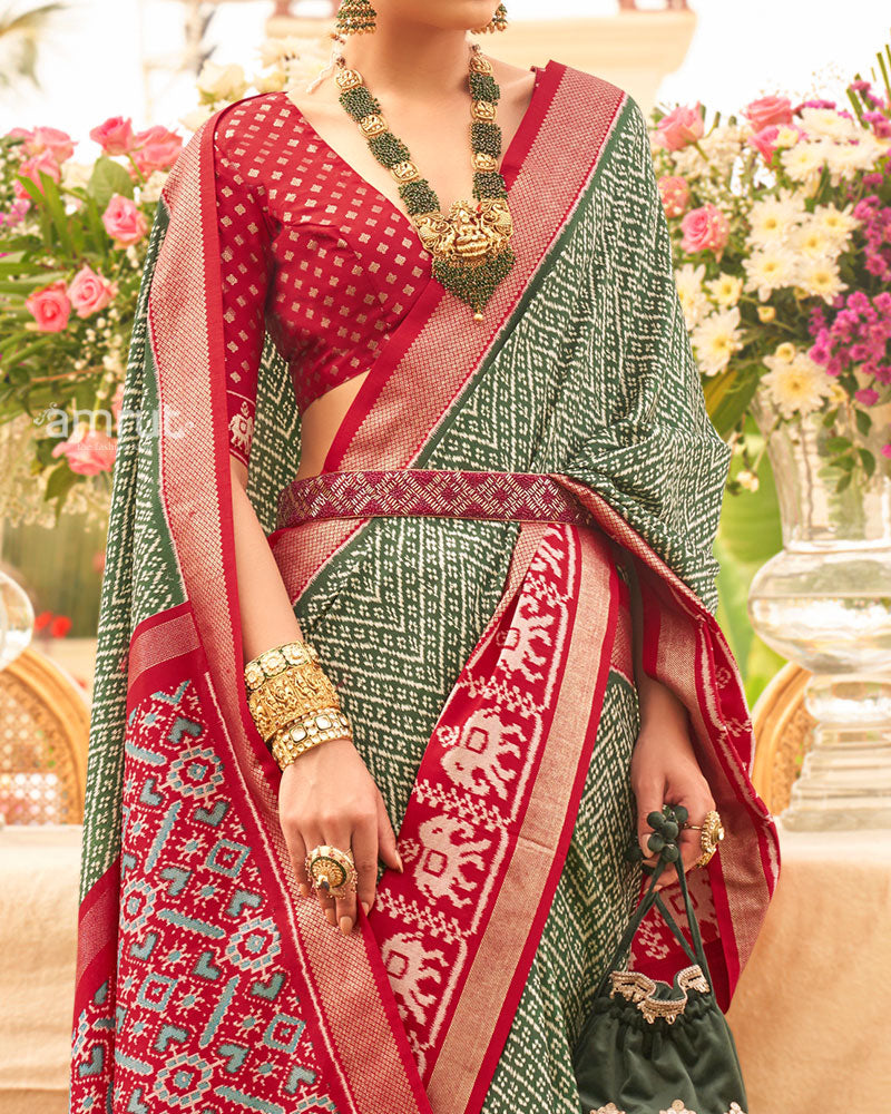 Green and Maroon Zari Border Patola Silk Saree with Unstitched Blouse 03