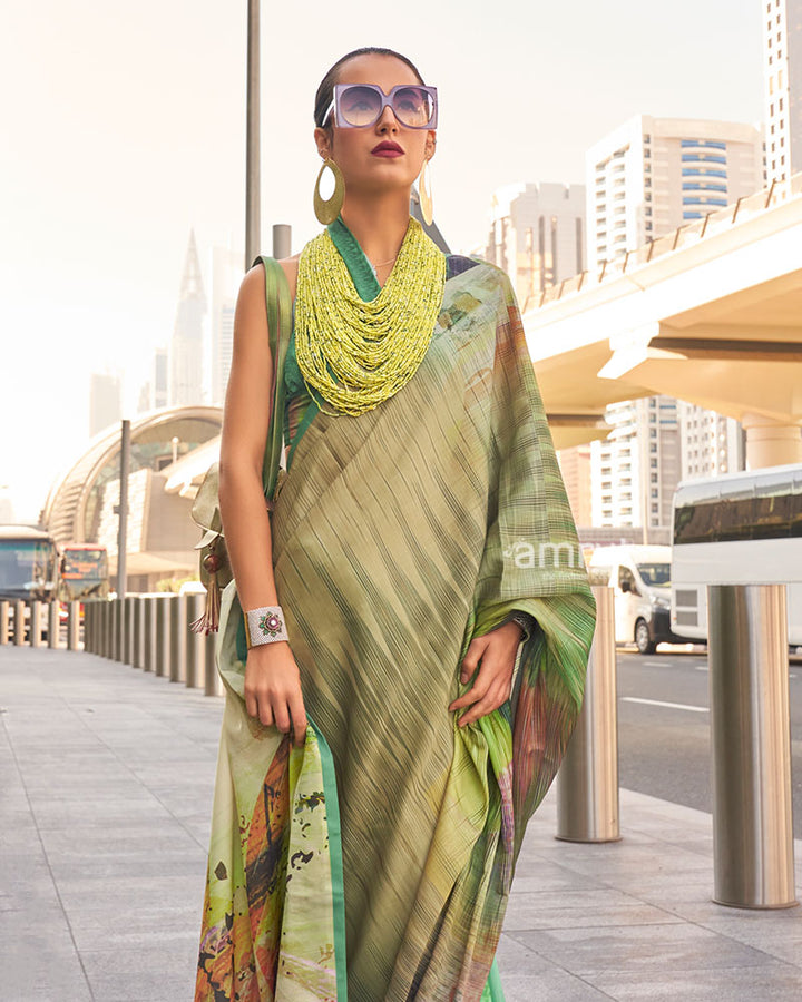 Green and Multicolor Digital Print Satin Saree with Unstitched Blouse 02