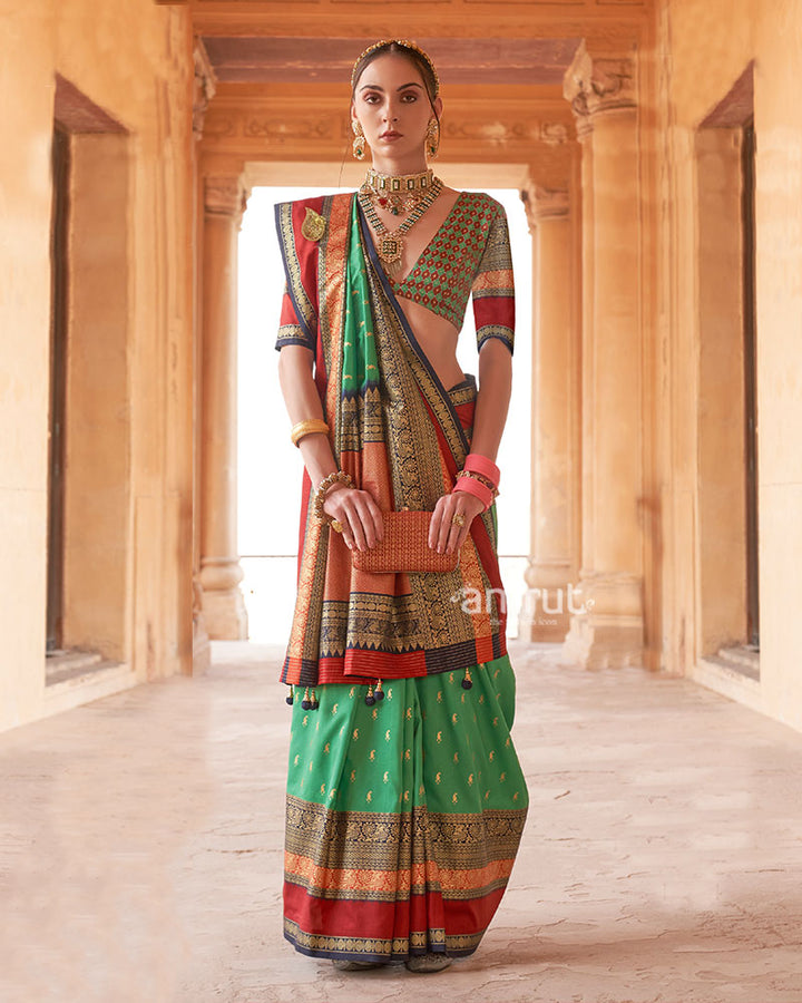 Green and Multicolor Printed Patola Silk Saree with Unstitched Blouse 01