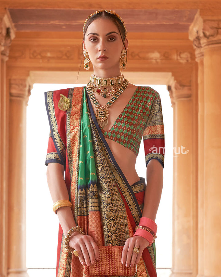 Green and Multicolor Printed Patola Silk Saree with Unstitched Blouse 02