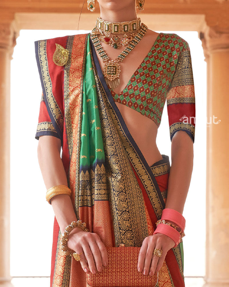 Green and Multicolor Printed Patola Silk Saree with Unstitched Blouse 03