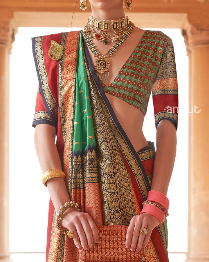Green and Multicolor Printed Patola Silk Saree with Unstitched Blouse 03