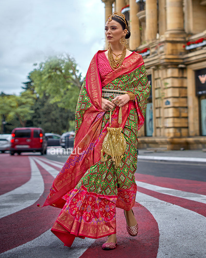 Green and Pink Patola Printed Saree with Zari Border and Unstitched Blouse 01