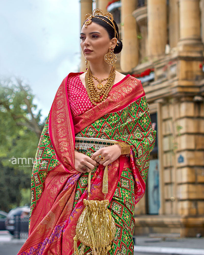 Green and Pink Patola Printed Saree with Zari Border and Unstitched Blouse 02