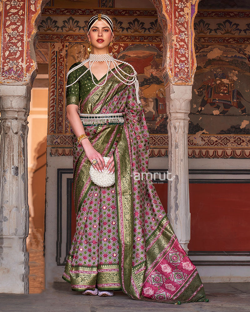 Green and Pink Printed Silk Saree with Zari Border and Unstitched Blouse 01