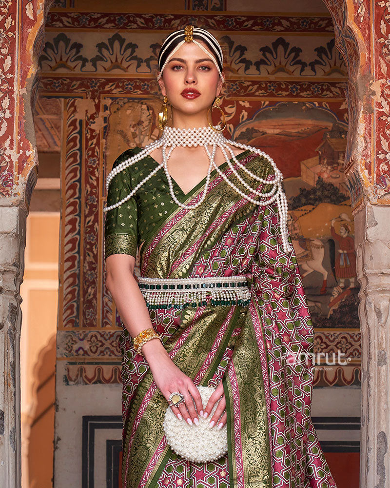 Green and Pink Printed Silk Saree with Zari Border and Unstitched Blouse 02