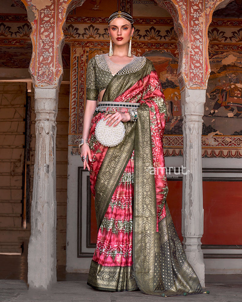 Green and Pink Silk Saree with Zari Border and Unstitched Blouse 01