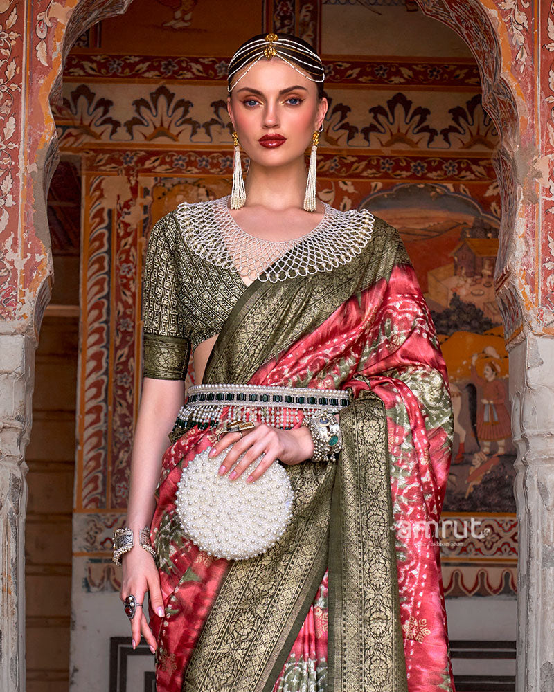 Green and Pink Silk Saree with Zari Border and Unstitched Blouse 02