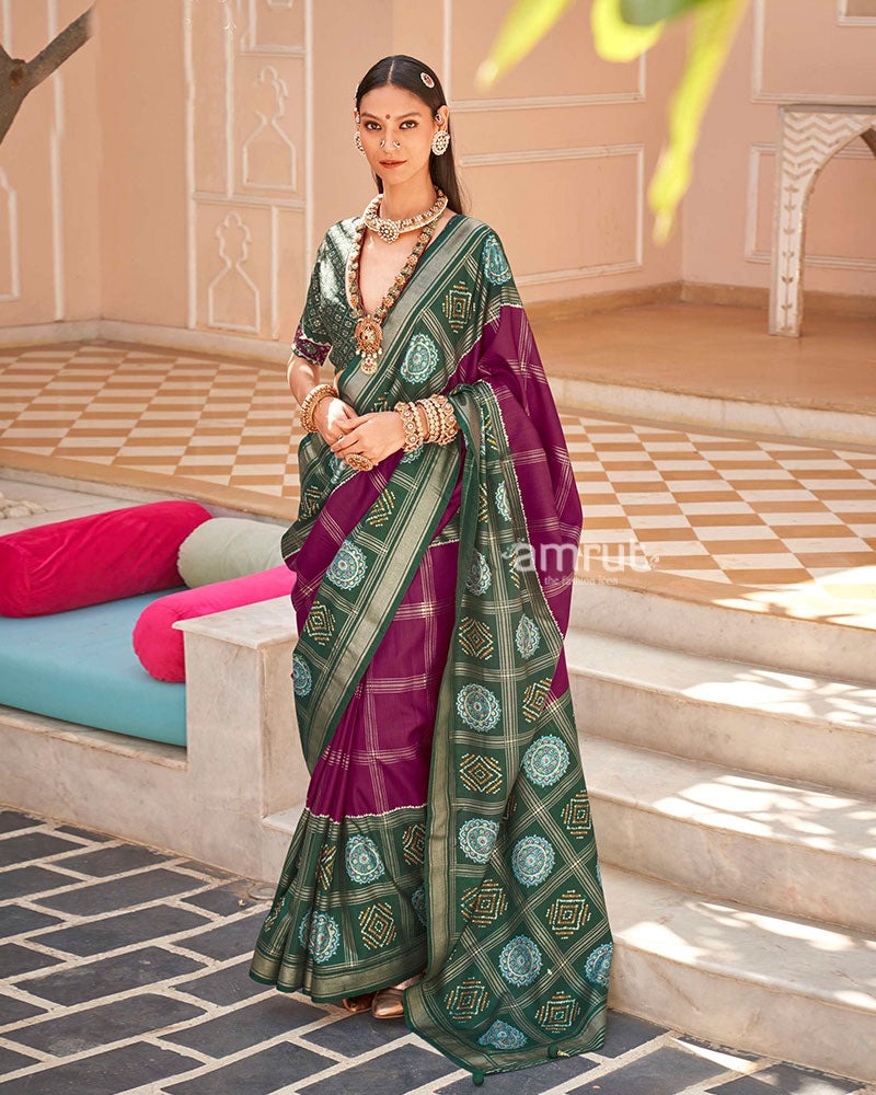 Green and Purple Printed Patola Silk Saree with Unstitched Blouse 01
