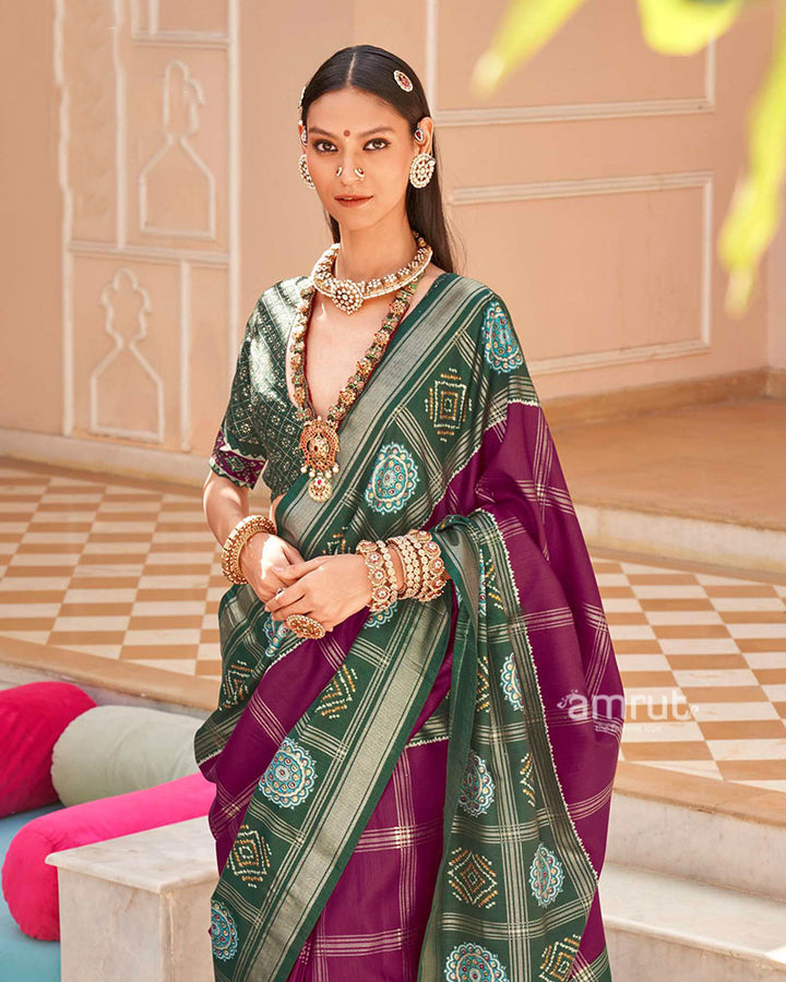 Green and Purple Printed Patola Silk Saree with Unstitched Blouse 02
