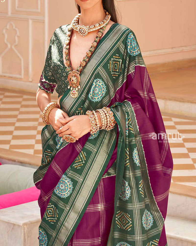 Green and Purple Printed Patola Silk Saree with Unstitched Blouse 03
